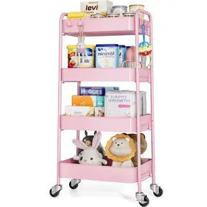 4 Tier Metal Rolling Cart, Utility Storage Cart with Wheels, Pink | Screwless Assembly, Lockable Metal Wheels, Trolley Organizer for Bathroom, Kitchen, Office, Dorm, Laundry, Craft Room 4 Tier Metal Rolling Cart, Utility Storage Cart with Wheels, Pink | Screwless Assembly, Lockable Metal Wheels, Trolley Organizer for Bathroom, Kitchen, Office, Dorm, Laundry, Craft Room