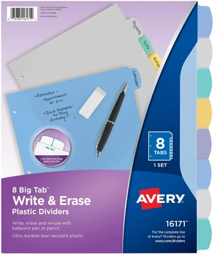 ® Big Tab Write & Erase Plastic Dividers, 8-Tab, Color, 24 Sets For Organizing and Relabeling Binder Sections, Tear-Resistant Reusable Tabs, 3-Hole Punched, For 3-Ring Binders ® Big Tab Write & Erase Plastic Dividers, 8-Tab, Color, 24 Sets For Organizing and Relabeling Binder Sections, Tear-Resistant Reusable Tabs, 3-Hole Punched, For 3-Ring Binders