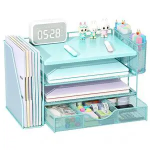 Wood Desk Organizers and Accessories with File Holder, 4-Tier Desk Accessories & Workspace Organizers with Drawer and 2 Pen Holder, Desk Reference Organizer (Blue, 4T with Metal Drawer) Wood Desk Organizers and Accessories with File Holder, 4-Tier Desk Accessories & Workspace Organizers with Drawer and 2 Pen Holder, Desk Reference Organizer (Blue, 4T with Metal Drawer)