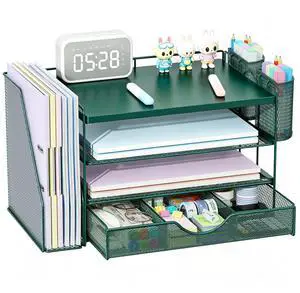 Wood Desk Organizers and Accessories with File Holder, 4-Tier Desk Accessories & Workspace Organizers with Drawer and 2 Pen Holder, Desk Reference Organizer (Green, 4T with Metal Drawer) Wood Desk Organizers and Accessories with File Holder, 4-Tier Desk Accessories & Workspace Organizers with Drawer and 2 Pen Holder, Desk Reference Organizer (Green, 4T with Metal Drawer)