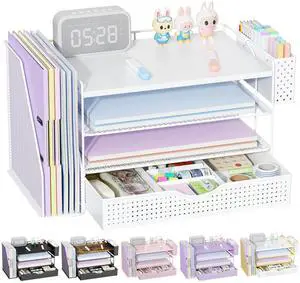 Wood Desk Organizers and Accessories with File Holder, 4-Tier Desk Accessories & Workspace Organizers with Drawer and Pen Holder, Desk Reference Organizer (White, 4T with Drawer) Wood Desk Organizers and Accessories with File Holder, 4-Tier Desk Accessories & Workspace Organizers with Drawer and Pen Holder, Desk Reference Organizer (White, 4T with Drawer)