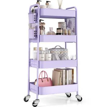 4 Tier Rolling Cart, Metal Utility Storage Cart with Pegboard, Purple | 2 Bins & 4 Hooks, Screwless Assembly, Lockable Wheels, Trolley Organizer for Bathroom, Kitchen, Office, Dorm, Craft Room 4 Tier Rolling Cart, Metal Utility Storage Cart with Pegboard, Purple | 2 Bins & 4 Hooks, Screwless Assembly, Lockable Wheels, Trolley Organizer for Bathroom, Kitchen, Office, Dorm, Craft Room