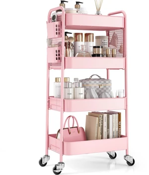4 Tier Rolling Cart, Metal Utility Storage Cart with Pegboard, Pink | 2 Bins & 4 Hooks, Screwless Assembly, Lockable Wheels, Trolley Organizer for Bathroom, Kitchen, Office, Dorm, Craft Room 4 Tier Rolling Cart, Metal Utility Storage Cart with Pegboard, Pink | 2 Bins & 4 Hooks, Screwless Assembly, Lockable Wheels, Trolley Organizer for Bathroom, Kitchen, Office, Dorm, Craft Room
