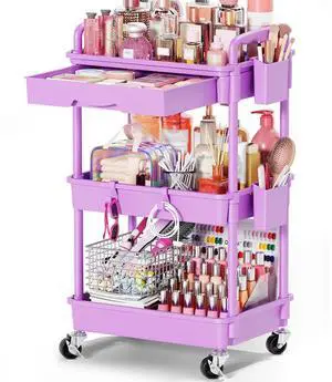 Rolling Makeup Organizer Cart with Removable Drawer, 3 Tier Purple Stable Floor Skincare Storage Cart for Vanity, Cosmetic Display, Nail Polish, Perfume, Hair Stuff, Beauty, Bathroom(Plastic) Rolling Makeup Organizer Cart with Removable Drawer, 3 Tier Purple Stable Floor Skincare Storage Cart for Vanity, Cosmetic Display, Nail Polish, Perfume, Hair Stuff, Beauty, Bathroom(Plastic)