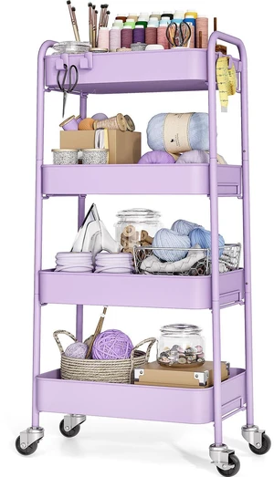 4 Tier Metal Rolling Cart, Utility Storage Cart with Wheels, Purple | Screwless Assembly, Lockable Metal Wheels, Trolley Organizer for Bathroom, Kitchen, Office, Dorm, Laundry, Craft Room 4 Tier Metal Rolling Cart, Utility Storage Cart with Wheels, Purple | Screwless Assembly, Lockable Metal Wheels, Trolley Organizer for Bathroom, Kitchen, Office, Dorm, Laundry, Craft Room
