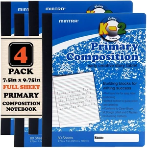 Primary Composition Notebook, 4 Pack, Blue Cover, 80 Sheets, 7.5in x 9.75in, Full Sheet, Ruled with Drawing Area, Flexible Hardcover Journal, Grades K-2, School & Home Use Primary Composition Notebook, 4 Pack, Blue Cover, 80 Sheets, 7.5in x 9.75in, Full Sheet, Ruled with Drawing Area, Flexible Hardcover Journal, Grades K-2, School & Home Use