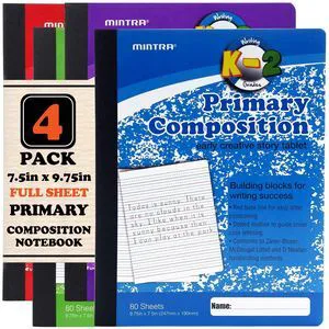 Primary Composition Notebook, 4 Pack, Assorted Colors 80 Sheets, 7.5in x 9.75in, Full Sheet, Ruled with Drawing Area, Flexible Hardcover Journal, Grade K-2, School & Home Use Primary Composition Notebook, 4 Pack, Assorted Colors 80 Sheets, 7.5in x 9.75in, Full Sheet, Ruled with Drawing Area, Flexible Hardcover Journal, Grade K-2, School & Home Use
