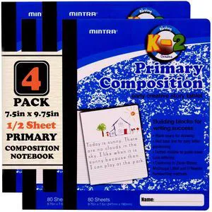 Primary Composition Notebook, 4 Pack, Blue Cover, 80 Sheets, 7.5in x 9.75in, 1/2 Sheet, Ruled with Drawing Area, Flexible Hardcover Journal, Grades K-2, School & Home Use Primary Composition Notebook, 4 Pack, Blue Cover, 80 Sheets, 7.5in x 9.75in, 1/2 Sheet, Ruled with Drawing Area, Flexible Hardcover Journal, Grades K-2, School & Home Use