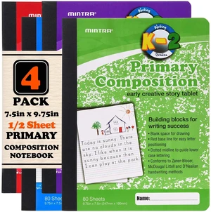 Primary Composition Notebook, 4 Pack, Assorted Colors 80 Sheets, 7.5in x 9.75in, 1/2 Sheet, Ruled with Drawing Area, Flexible Hardcover Journal, Grades K-2, School & Home Use Primary Composition Notebook, 4 Pack, Assorted Colors 80 Sheets, 7.5in x 9.75in, 1/2 Sheet, Ruled with Drawing Area, Flexible Hardcover Journal, Grades K-2, School & Home Use