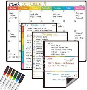 Magnetic Dry Erase Monthly Calendar Set - 14.5"x11" Monthly Calendar, 6.5"x8.5" Weekly, Daily, List Boards for Fridge - 6 Extra Fine Point Markers Included - Shipped Flat Magnetic Dry Erase Monthly Calendar Set - 14.5"x11" Monthly Calendar, 6.5"x8.5" Weekly, Daily, List Boards for Fridge - 6 Extra Fine Point Markers Included - Shipped Flat