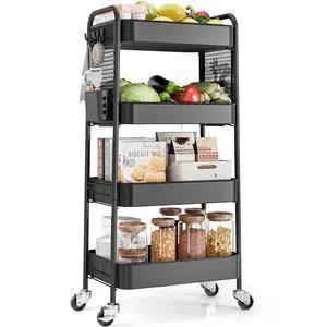 4 Tier Rolling Cart, Metal Utility Storage Cart with Pegboard, Black | 2 Bins & 4 Hooks, Screwless Assembly, Lockable Wheels, Trolley Organizer for Bathroom, Kitchen, Office, Dorm, Craft Room 4 Tier Rolling Cart, Metal Utility Storage Cart with Pegboard, Black | 2 Bins & 4 Hooks, Screwless Assembly, Lockable Wheels, Trolley Organizer for Bathroom, Kitchen, Office, Dorm, Craft Room