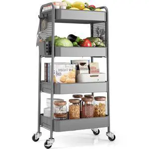 4 Tier Rolling Cart, Metal Utility Storage Cart with Pegboard, Grey | 2 Bins & 4 Hooks, Screwless Assembly, Lockable Wheels, Trolley Organizer for Bathroom, Kitchen, Office, Dorm, Craft Room 4 Tier Rolling Cart, Metal Utility Storage Cart with Pegboard, Grey | 2 Bins & 4 Hooks, Screwless Assembly, Lockable Wheels, Trolley Organizer for Bathroom, Kitchen, Office, Dorm, Craft Room