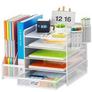 Desk Organiser with File Holder, 5-Tier Paper Letter Tray Organiser with Drawer and 2 Pen Holder, Mesh Desktop Organizer and Storage with Magazine Holder for Office Supplies(White) Desk Organiser with File Holder, 5-Tier Paper Letter Tray Organiser with Drawer and 2 Pen Holder, Mesh Desktop Organizer and Storage with Magazine Holder for Office Supplies(White)