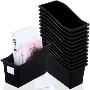 12 Pack Large Book Bins with Labels (Black) Durable Plastic,Stackable Magazine Organizer,Storage Bins for Classroom,Library,Office,Bookshelf Categorization 12 Pack Large Book Bins with Labels (Black) Durable Plastic,Stackable Magazine Organizer,Storage Bins for Classroom,Library,Office,Bookshelf Categorization