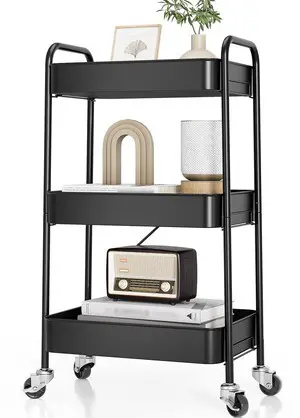 3 Tier Metal Rolling Cart, Utility Storage Cart with Wheels, Black | Screwless Assembly, Lockable Metal Wheels, Trolley Organizer for Bathroom, Kitchen, Office, Dorm, Laundry, Craft Room 3 Tier Metal Rolling Cart, Utility Storage Cart with Wheels, Black | Screwless Assembly, Lockable Metal Wheels, Trolley Organizer for Bathroom, Kitchen, Office, Dorm, Laundry, Craft Room