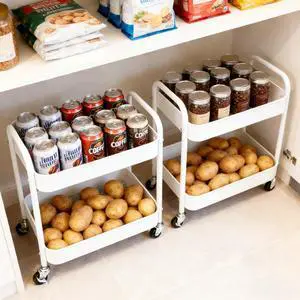 2 Pack Two Tier Rolling Cart with Wheels Small Pantry Floor Organizer Under Desk Storage Metal Short Utility Cart for Small Space, Kitchen Shelf Laundry Room Bathroom Organization, White 2 Pack Two Tier Rolling Cart with Wheels Small Pantry Floor Organizer Under Desk Storage Metal Short Utility Cart for Small Space, Kitchen Shelf Laundry Room Bathroom Organization, White