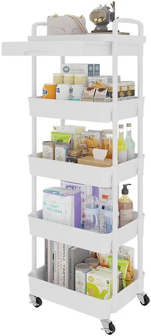 5-Tier Utility Cart with Drawer & Wheels, Storage for Home,Office Space-Saving Organizer, Sturdy Plastic Shelves, Smooth-Rolling Metal Wheels, Built-in Drawer for Small Items, White 5-Tier Utility Cart with Drawer & Wheels, Storage for Home,Office Space-Saving Organizer, Sturdy Plastic Shelves, Smooth-Rolling Metal Wheels, Built-in Drawer for Small Items, White