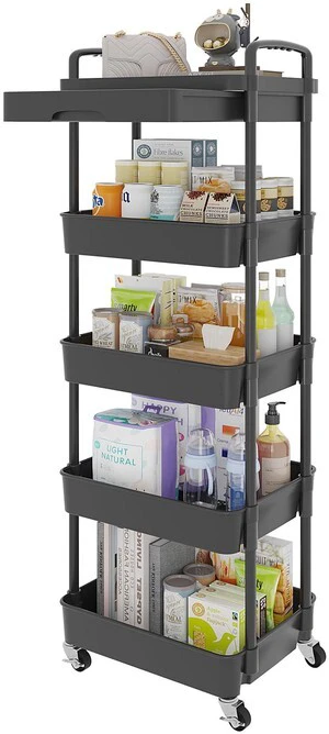 5-Tier Utility Cart with Drawer & Wheels, Storage for Home,Office Space-Saving Organizer, Sturdy Plastic Shelves, Smooth-Rolling Metal Wheels, Built-in Drawer for Small Items, Black 5-Tier Utility Cart with Drawer & Wheels, Storage for Home,Office Space-Saving Organizer, Sturdy Plastic Shelves, Smooth-Rolling Metal Wheels, Built-in Drawer for Small Items, Black