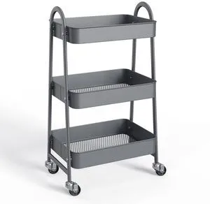 3-Tier Metal Rolling Storage Utility Cart with Lockable Wheels Mobile Organizer Shelf, Space-Saving, Freestanding, Bathroom, Living Room, Slim, Narrow Corner Spaces, Grey 3-Tier Metal Rolling Storage Utility Cart with Lockable Wheels Mobile Organizer Shelf, Space-Saving, Freestanding, Bathroom, Living Room, Slim, Narrow Corner Spaces, Grey