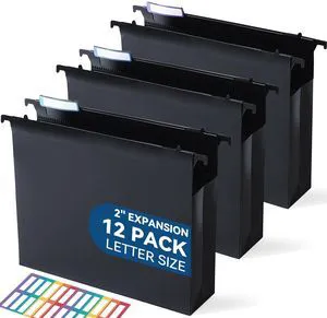 Plastic Hanging File Folders, 2" Expansion, Letter Size, Black Extra Capacity for Bulky Files, Sturdy Plastic, Fully Enclosed Sides, Insertable 1/5-Cut Tabs, 12-Pack for Filing Cabinets Plastic Hanging File Folders, 2" Expansion, Letter Size, Black Extra Capacity for Bulky Files, Sturdy Plastic, Fully Enclosed Sides, Insertable 1/5-Cut Tabs, 12-Pack for Filing Cabinets