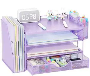 Wood Desk Organizers and Accessories with File Holder, 4-Tier Desk Accessories & Workspace Organizers with Drawer and 2 Pen Holder, Desk Reference Organizer (Purple, 4T with Metal Drawer) Wood Desk Organizers and Accessories with File Holder, 4-Tier Desk Accessories & Workspace Organizers with Drawer and 2 Pen Holder, Desk Reference Organizer (Purple, 4T with Metal Drawer)