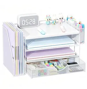 Wood Desk Organizers and Accessories with File Holder, 4-Tier Desk Accessories & Workspace Organizers with Drawer and 2 Pen Holder, Desk Reference Organizer (White, 4T with Metal Drawer) Wood Desk Organizers and Accessories with File Holder, 4-Tier Desk Accessories & Workspace Organizers with Drawer and 2 Pen Holder, Desk Reference Organizer (White, 4T with Metal Drawer)