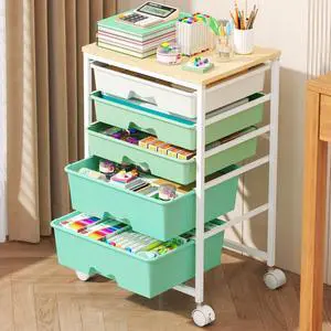 Rolling Cart with 5 Drawers for Craft, Art, Dorm, Office, Green Utility Cart Organizer With 5 Removable Drawers and Wooden Tabletop, Lockable Rolling Storage Organizer for Classroom, Home Rolling Cart with 5 Drawers for Craft, Art, Dorm, Office, Green Utility Cart Organizer With 5 Removable Drawers and Wooden Tabletop, Lockable Rolling Storage Organizer for Classroom, Home