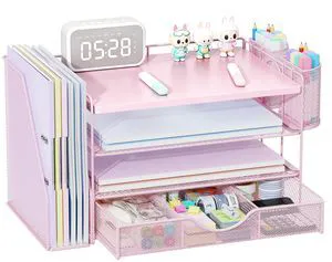 Wood Desk Organizers and Accessories with File Holder, 4-Tier Desk Accessories & Workspace Organizers with Drawer and 2 Pen Holder, Desk Reference Organizer (Pink, 4T with Metal Drawer) Wood Desk Organizers and Accessories with File Holder, 4-Tier Desk Accessories & Workspace Organizers with Drawer and 2 Pen Holder, Desk Reference Organizer (Pink, 4T with Metal Drawer)