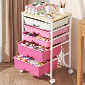 Rolling Cart with 5 Drawers for Craft, Art, Dorm, Office, Pink Utility Cart Organizer With 5 Removable Drawers and Wooden Tabletop, Lockable Rolling Storage Organizer for Classroom, Home Rolling Cart with 5 Drawers for Craft, Art, Dorm, Office, Pink Utility Cart Organizer With 5 Removable Drawers and Wooden Tabletop, Lockable Rolling Storage Organizer for Classroom, Home