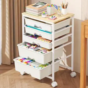 Rolling Cart with 5 Drawers for Craft, Art, Dorm, Office, White Utility Cart Organizer With 5 Removable Drawers and Wooden Tabletop, Lockable Rolling Storage Organizer for Classroom, Home Rolling Cart with 5 Drawers for Craft, Art, Dorm, Office, White Utility Cart Organizer With 5 Removable Drawers and Wooden Tabletop, Lockable Rolling Storage Organizer for Classroom, Home