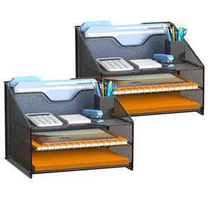 2 Pack Mesh Desk File Organizer Letter Tray Holder, Desktop File Folder Holder with 3 Paper Trays and 2 Vertical Upright Section, Black 2 Pack Mesh Desk File Organizer Letter Tray Holder, Desktop File Folder Holder with 3 Paper Trays and 2 Vertical Upright Section, Black