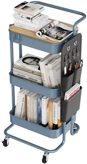 3-Tier Rolling Cart with Table Top, Metal Utility Cart with Side Bags Tray Storage Organizer, Lockable Wheels, 4 Hooks, Art Cart for Kitchen, Bathroom, Office, Craft room, Living room, Blue 3-Tier Rolling Cart with Table Top, Metal Utility Cart with Side Bags Tray Storage Organizer, Lockable Wheels, 4 Hooks, Art Cart for Kitchen, Bathroom, Office, Craft room, Living room, Blue