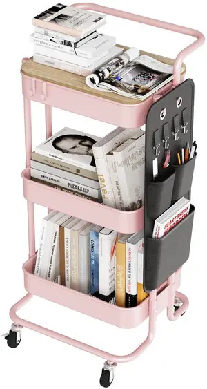 3-Tier Rolling Cart with Table Top, Metal Utility Cart with Side Bags Tray Storage Organizer, Lockable Wheels, 4 Hooks, Art Cart for Kitchen, Bathroom, Office, Craft room, Living room, Pink 3-Tier Rolling Cart with Table Top, Metal Utility Cart with Side Bags Tray Storage Organizer, Lockable Wheels, 4 Hooks, Art Cart for Kitchen, Bathroom, Office, Craft room, Living room, Pink