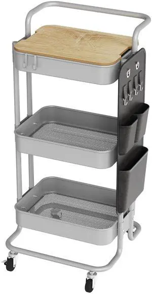 3-Tier Rolling Cart with Table Top, Metal Utility Cart with Side Bags Tray Storage Organizer, Lockable Wheels, 4 Hooks, Art Cart for Kitchen, Bathroom, Office, Craft room, Living room,Grey 3-Tier Rolling Cart with Table Top, Metal Utility Cart with Side Bags Tray Storage Organizer, Lockable Wheels, 4 Hooks, Art Cart for Kitchen, Bathroom, Office, Craft room, Living room,Grey