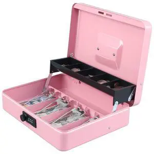 Cash Box with Combination Lock, Metal Money Safe Storage Box, Pink Cash Box with Money Tray and Combination Lock,Tiered, Cantilever Design,4 Bill / 5 Coin Slots,11.8" x 9.5" x 3.5" Cash Box with Combination Lock, Metal Money Safe Storage Box, Pink Cash Box with Money Tray and Combination Lock,Tiered, Cantilever Design,4 Bill / 5 Coin Slots,11.8" x 9.5" x 3.5"