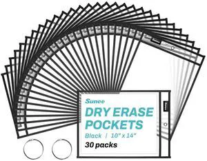 30 Packs Oversized Reusable Dry Erase Pocket Sleeves with 2 Rings, Black 10x14 Ticket Holders, Clear Plastic Sheet Protectors, Teacher School Classroom Supplies 30 Packs Oversized Reusable Dry Erase Pocket Sleeves with 2 Rings, Black 10x14 Ticket Holders, Clear Plastic Sheet Protectors, Teacher School Classroom Supplies