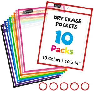 10 Pack Dry Erase Pockets, 10x14 Reusable Sleeves, 10 Colors 10 reusable PVC pockets hold 8.5 x 11 and 9 x 12 sheets; double sided wipe clean surfaces, pen loops, eyelets, and 5 rings 10 Pack Dry Erase Pockets, 10x14 Reusable Sleeves, 10 Colors 10 reusable PVC pockets hold 8.5 x 11 and 9 x 12 sheets; double sided wipe clean surfaces, pen loops, eyelets, and 5 rings