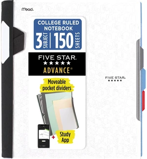 Advance Spiral Notebook + Study App, 3 Subject, College Ruled Paper, 8-1/2" x 11", 150 Sheets, Spiral Guard, Movable Tabbed Dividers, White (73142) Advance Spiral Notebook + Study App, 3 Subject, College Ruled Paper, 8-1/2" x 11", 150 Sheets, Spiral Guard, Movable Tabbed Dividers, White (73142)