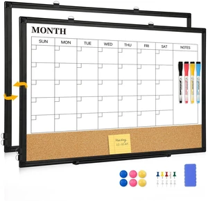 Monthly Dry Erase Calendar Whiteboard with Corkboard, 36" x 24", Black Magnetic, White Board Cork Board Combo, Double Sided, Wall Mounted, Aluminum Frame, for Home, Office, Kitchen, Dorm Monthly Dry Erase Calendar Whiteboard with Corkboard, 36" x 24", Black Magnetic, White Board Cork Board Combo, Double Sided, Wall Mounted, Aluminum Frame, for Home, Office, Kitchen, Dorm