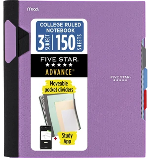 Advance Spiral Notebook + Study App, 3 Subject, College Ruled Paper, 8-1/2" x 11", 150 Sheets, Spiral Guard, Movable Tabbed Dividers, Amethyst Purple (820060G) Advance Spiral Notebook + Study App, 3 Subject, College Ruled Paper, 8-1/2" x 11", 150 Sheets, Spiral Guard, Movable Tabbed Dividers, Amethyst Purple (820060G)