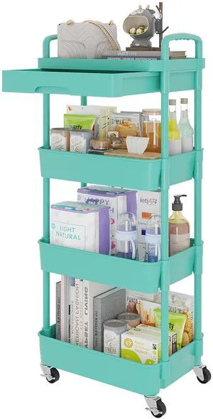 4-Tier Utility Cart with Drawer & Wheels, Storage for Home,Office Space-Saving Organizer, Sturdy Plastic Shelves, Smooth-Rolling Metal Wheels, Built-in Drawer for Small Items, Green 4-Tier Utility Cart with Drawer & Wheels, Storage for Home,Office Space-Saving Organizer, Sturdy Plastic Shelves, Smooth-Rolling Metal Wheels, Built-in Drawer for Small Items, Green