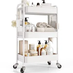 3 Tier Rolling Cart, Metal Utility Storage Cart with Pegboard, White | 2 Bins & 4 Hooks, Screwless Assembly, Lockable Wheels, Trolley Organizer for Bathroom, Kitchen, Office, Dorm, Craft Room 3 Tier Rolling Cart, Metal Utility Storage Cart with Pegboard, White | 2 Bins & 4 Hooks, Screwless Assembly, Lockable Wheels, Trolley Organizer for Bathroom, Kitchen, Office, Dorm, Craft Room