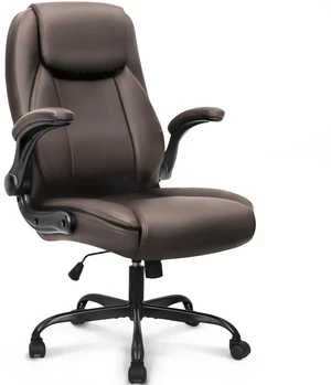 Office Desk Chair, High Back PU Leather with Flip-up Arms, Brown Ergonomic Tall Computer Desk Chair Comfy, Height Adjustable, Swivel Rolling Wheels for Office Home Gaming Study Office Desk Chair, High Back PU Leather with Flip-up Arms, Brown Ergonomic Tall Computer Desk Chair Comfy, Height Adjustable, Swivel Rolling Wheels for Office Home Gaming Study