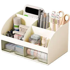 Desk Organizer with 6 Compartments and 2 Drawers, Plastic Makeup Organizer, Pen Holder for Desktop Storage, Desk Organization for School, Home, Office Supplies (Ivory) Desk Organizer with 6 Compartments and 2 Drawers, Plastic Makeup Organizer, Pen Holder for Desktop Storage, Desk Organization for School, Home, Office Supplies (Ivory)