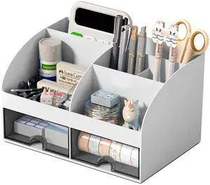 Desk Organizer with 6 Compartments and 2 Drawers, Plastic Makeup Organizer, Pen Holder for Desktop Storage, Desk Organization for School, Home, Office Supplies (Grey) Desk Organizer with 6 Compartments and 2 Drawers, Plastic Makeup Organizer, Pen Holder for Desktop Storage, Desk Organization for School, Home, Office Supplies (Grey)
