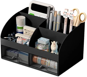 Desk Organizer with 6 Compartments and 2 Drawers, Plastic Makeup Organizer, Pen Holder for Desktop Storage, Desk Organization for School, Home, Office Supplies (Black) Desk Organizer with 6 Compartments and 2 Drawers, Plastic Makeup Organizer, Pen Holder for Desktop Storage, Desk Organization for School, Home, Office Supplies (Black)