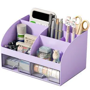 Desk Organizer with 6 Compartments and 2 Drawers, Plastic Makeup Organizer, Pen Holder for Desktop Storage, Desk Organization for School, Home, Office Supplies (Purple) Desk Organizer with 6 Compartments and 2 Drawers, Plastic Makeup Organizer, Pen Holder for Desktop Storage, Desk Organization for School, Home, Office Supplies (Purple)