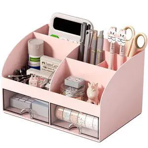 Desk Organizer with 6 Compartments and 2 Drawers, Plastic Makeup Organizer, Pen Holder for Desktop Storage, Desk Organization for School, Home, Office Supplies (Pink) Desk Organizer with 6 Compartments and 2 Drawers, Plastic Makeup Organizer, Pen Holder for Desktop Storage, Desk Organization for School, Home, Office Supplies (Pink)