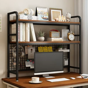 2-Tier Desktop Hutch Bookshelf, Metal Desk Shelf, Black, 45.3" W Steel Frame, 2 MDF Shelves, Grid Panel with 5 Hooks, Fits Over Monitors Up to 27" for Dorm Desks and Home Offices 2-Tier Desktop Hutch Bookshelf, Metal Desk Shelf, Black, 45.3" W Steel Frame, 2 MDF Shelves, Grid Panel with 5 Hooks, Fits Over Monitors Up to 27" for Dorm Desks and Home Offices