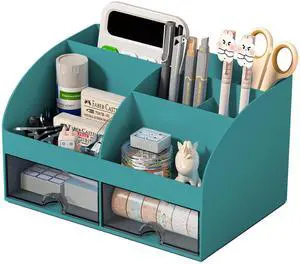 Desk Organizer with 6 Compartments and 2 Drawers, Plastic Makeup Organizer, Pen Holder for Desktop Storage, Desk Organization for School, Home, Office Supplies (Dark Green) Desk Organizer with 6 Compartments and 2 Drawers, Plastic Makeup Organizer, Pen Holder for Desktop Storage, Desk Organization for School, Home, Office Supplies (Dark Green)